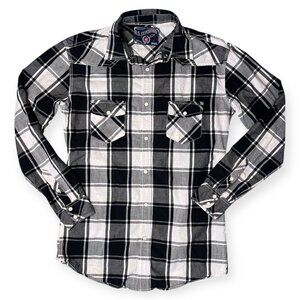 Mens Western Snap Shirt Black White Plaid Small